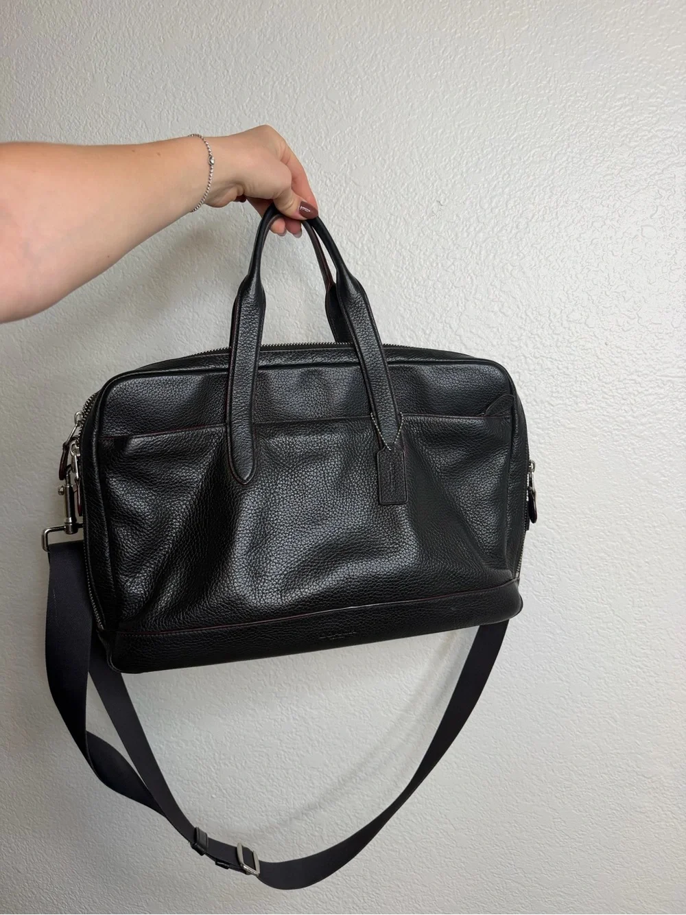 Coach Black Pebbled Leather Laptop Briefcase with Shoulder Strap